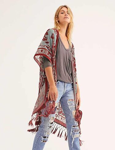 Wehello Women's Burnout Velvet Kimono Cardigan Coard Up with Tassel (Navy) in Kuwait