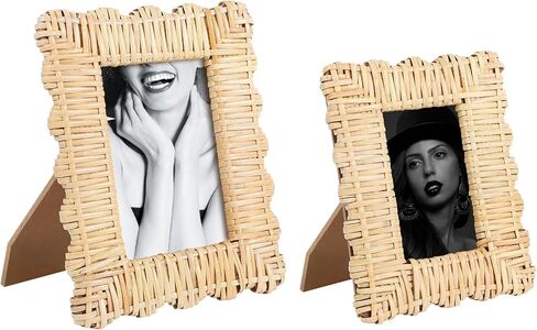 2 Pack Woven Rattan Picture Frame Set,4x6 & 5x7 Scalloped Picture Frame with Stand,Exquisite Handmade Wicker Photo Frame for Many Home Decor Style in Saudi Arabia