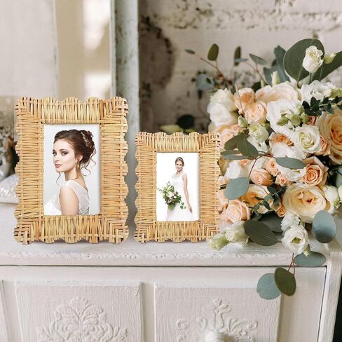 2 Pack Woven Rattan Picture Frame Set,4x6 & 5x7 Scalloped Picture Frame with Stand,Exquisite Handmade Wicker Photo Frame for Many Home Decor Style in Saudi Arabia