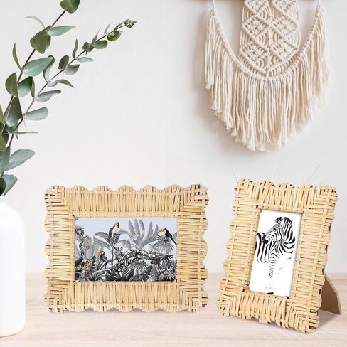 2 Pack Woven Rattan Picture Frame Set,4x6 & 5x7 Scalloped Picture Frame with Stand,Exquisite Handmade Wicker Photo Frame for Many Home Decor Style in Saudi Arabia