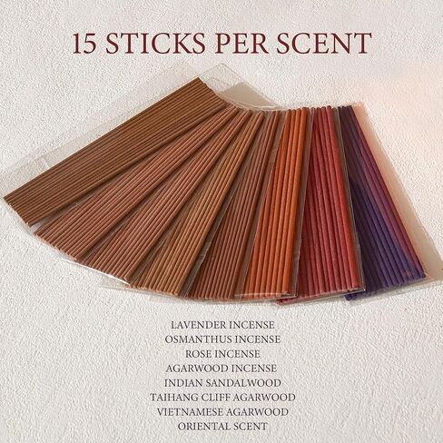 Incense Sticks – 120 Natural Sticks, 8 scents Including Lavender, Osmanthus, Rose, Agarwood, Sandalwood & Oriental. 15 Sticks per Scent. Stress Relief Gifts in Kuwait