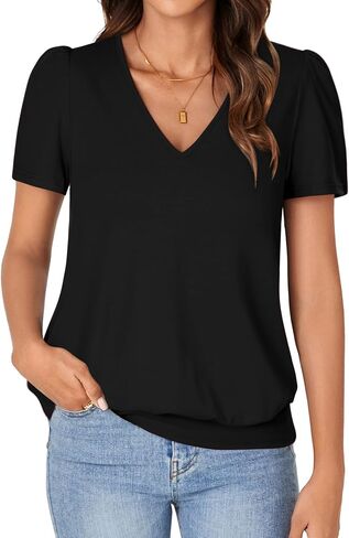 KIFOVEN V Neck T Shirts for Women Banded Bottom Summer Tops Business Dressy Casual Blouses Short Sleeve Basic Tee Shirts in Saudi Arabia