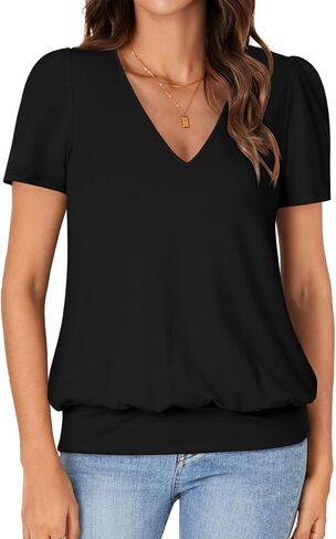 KIFOVEN V Neck T Shirts for Women Banded Bottom Summer Tops Business Dressy Casual Blouses Short Sleeve Basic Tee Shirts in Saudi Arabia