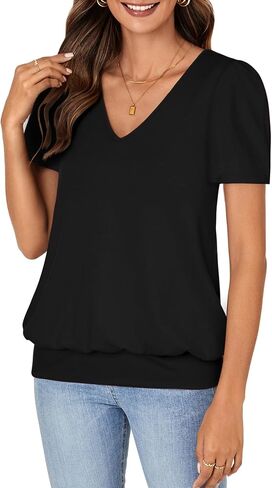 KIFOVEN V Neck T Shirts for Women Banded Bottom Summer Tops Business Dressy Casual Blouses Short Sleeve Basic Tee Shirts in Saudi Arabia