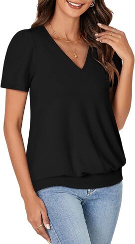 KIFOVEN V Neck T Shirts for Women Banded Bottom Summer Tops Business Dressy Casual Blouses Short Sleeve Basic Tee Shirts in Saudi Arabia