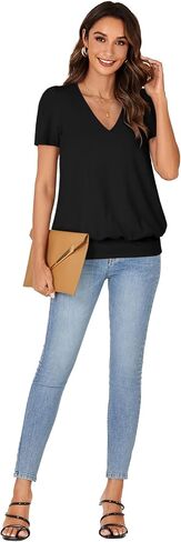 KIFOVEN V Neck T Shirts for Women Banded Bottom Summer Tops Business Dressy Casual Blouses Short Sleeve Basic Tee Shirts in Saudi Arabia