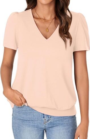 KIFOVEN V Neck T Shirts for Women Banded Bottom Summer Tops Business Dressy Casual Blouses Short Sleeve Basic Tee Shirts in Saudi Arabia