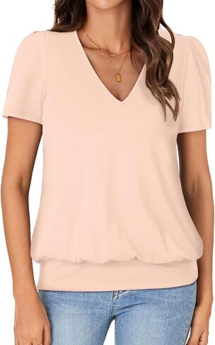 KIFOVEN V Neck T Shirts for Women Banded Bottom Summer Tops Business Dressy Casual Blouses Short Sleeve Basic Tee Shirts in Saudi Arabia