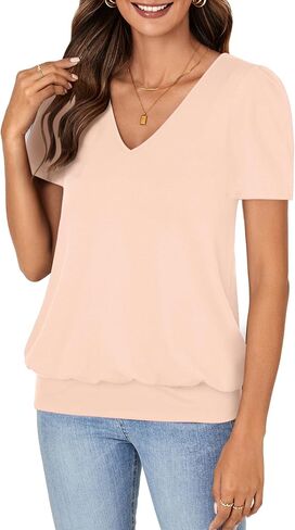 KIFOVEN V Neck T Shirts for Women Banded Bottom Summer Tops Business Dressy Casual Blouses Short Sleeve Basic Tee Shirts in Saudi Arabia
