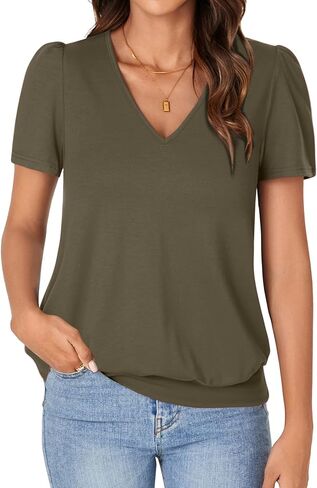 KIFOVEN V Neck T Shirts for Women Banded Bottom Summer Tops Business Dressy Casual Blouses Short Sleeve Basic Tee Shirts in Kuwait