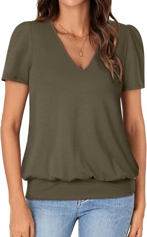 KIFOVEN V Neck T Shirts for Women Banded Bottom Summer Tops Business Dressy Casual Blouses Short Sleeve Basic Tee Shirts in Kuwait