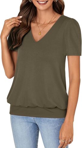 KIFOVEN V Neck T Shirts for Women Banded Bottom Summer Tops Business Dressy Casual Blouses Short Sleeve Basic Tee Shirts in Kuwait