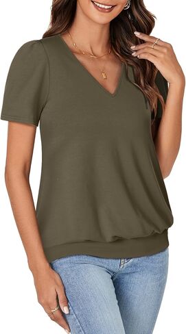 KIFOVEN V Neck T Shirts for Women Banded Bottom Summer Tops Business Dressy Casual Blouses Short Sleeve Basic Tee Shirts in Kuwait