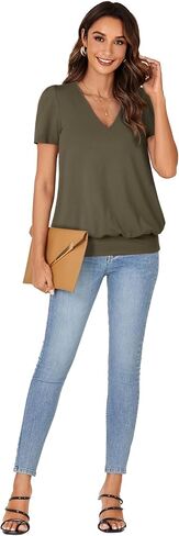 KIFOVEN V Neck T Shirts for Women Banded Bottom Summer Tops Business Dressy Casual Blouses Short Sleeve Basic Tee Shirts in Kuwait