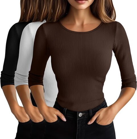 Huukeay 3 Pack Women's Ribbed 3/4 Sleeve Shirts, Scoop Neck Slim Fit Tops Summer Stretchy Casual Base Layer Basic Tee Blouses in Saudi Arabia