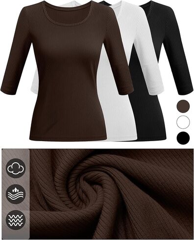 Huukeay 3 Pack Women's Ribbed 3/4 Sleeve Shirts, Scoop Neck Slim Fit Tops Summer Stretchy Casual Base Layer Basic Tee Blouses in Saudi Arabia