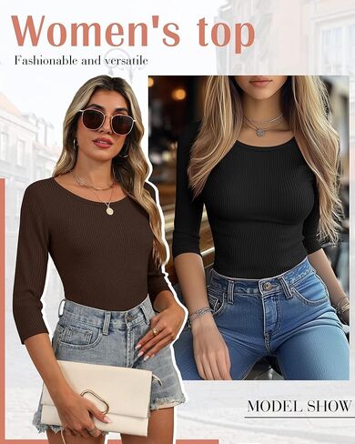 Huukeay 3 Pack Women's Ribbed 3/4 Sleeve Shirts, Scoop Neck Slim Fit Tops Summer Stretchy Casual Base Layer Basic Tee Blouses in Saudi Arabia