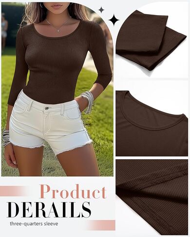 Huukeay 3 Pack Women's Ribbed 3/4 Sleeve Shirts, Scoop Neck Slim Fit Tops Summer Stretchy Casual Base Layer Basic Tee Blouses in Saudi Arabia