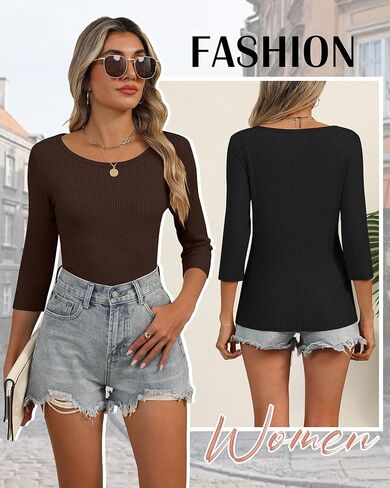 Huukeay 3 Pack Women's Ribbed 3/4 Sleeve Shirts, Scoop Neck Slim Fit Tops Summer Stretchy Casual Base Layer Basic Tee Blouses in Saudi Arabia