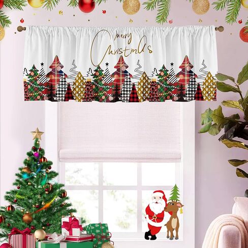 Christmas Valances Wreath Window Short Curtain Valances for Kitchen Bathroom, Rod Pocket Christmas Ornament Ball Small Window Treatment Valances 52x18inch, Red in Saudi Arabia