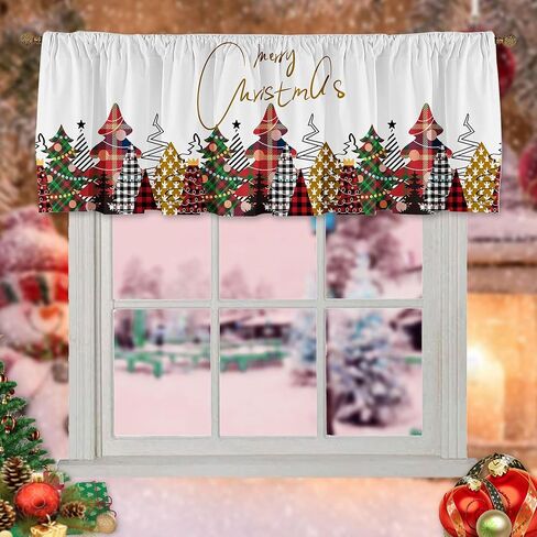 Christmas Valances Wreath Window Short Curtain Valances for Kitchen Bathroom, Rod Pocket Christmas Ornament Ball Small Window Treatment Valances 52x18inch, Red in Saudi Arabia