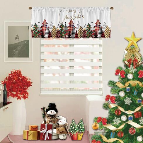 Christmas Valances Wreath Window Short Curtain Valances for Kitchen Bathroom, Rod Pocket Christmas Ornament Ball Small Window Treatment Valances 52x18inch, Red in Saudi Arabia