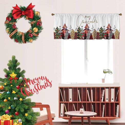 Christmas Valances Wreath Window Short Curtain Valances for Kitchen Bathroom, Rod Pocket Christmas Ornament Ball Small Window Treatment Valances 52x18inch, Red in Saudi Arabia
