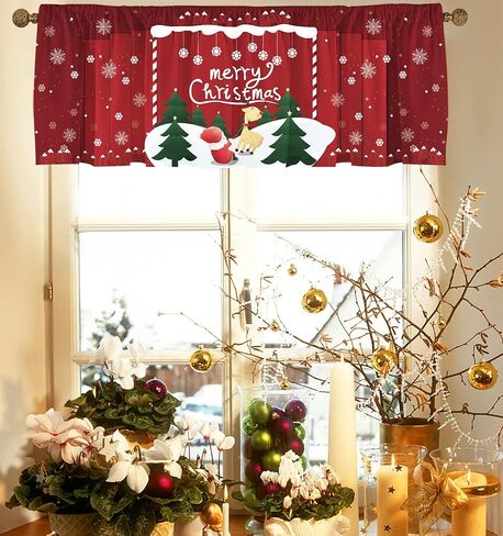 Christmas Valances Wreath Window Short Curtain Valances for Kitchen Bathroom, Rod Pocket Christmas Ornament Ball Small Window Treatment Valances 52x18inch, Red in Saudi Arabia