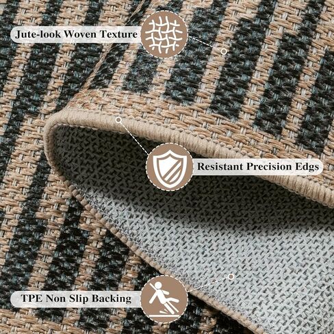 LIVEBOX Washable Jute Look Indoor Outdoor Area Rug 3x5, Non Slip Entryway Front Door Porch Rugs, Boho Geometric Diamond Striped Carpet Mat for Entrance,Office,Kitchen (3'x5', Black) in Saudi Arabia