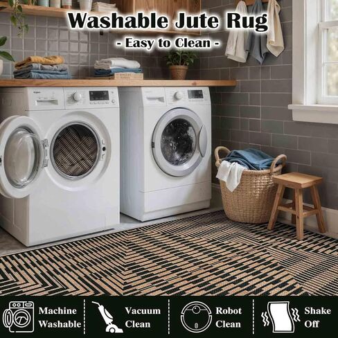 LIVEBOX Washable Jute Look Indoor Outdoor Area Rug 3x5, Non Slip Entryway Front Door Porch Rugs, Boho Geometric Diamond Striped Carpet Mat for Entrance,Office,Kitchen (3'x5', Black) in Saudi Arabia