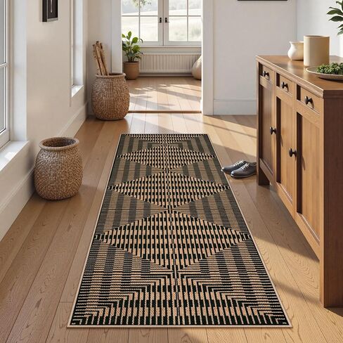 LIVEBOX Washable Jute Look Indoor Outdoor Area Rug 3x5, Non Slip Entryway Front Door Porch Rugs, Boho Geometric Diamond Striped Carpet Mat for Entrance,Office,Kitchen (3'x5', Black) in Saudi Arabia