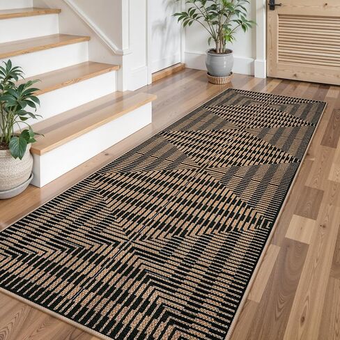 LIVEBOX Washable Jute Look Indoor Outdoor Area Rug 3x5, Non Slip Entryway Front Door Porch Rugs, Boho Geometric Diamond Striped Carpet Mat for Entrance,Office,Kitchen (3'x5', Black) in Saudi Arabia