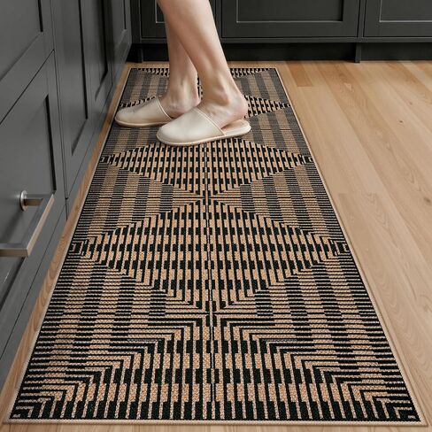 LIVEBOX Washable Jute Look Indoor Outdoor Area Rug 3x5, Non Slip Entryway Front Door Porch Rugs, Boho Geometric Diamond Striped Carpet Mat for Entrance,Office,Kitchen (3'x5', Black) in Saudi Arabia