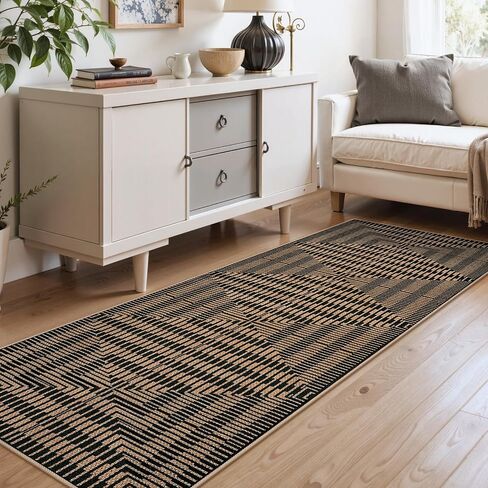 LIVEBOX Washable Jute Look Indoor Outdoor Area Rug 3x5, Non Slip Entryway Front Door Porch Rugs, Boho Geometric Diamond Striped Carpet Mat for Entrance,Office,Kitchen (3'x5', Black) in Saudi Arabia