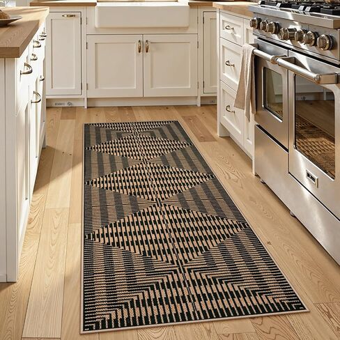 LIVEBOX Washable Jute Look Indoor Outdoor Area Rug 3x5, Non Slip Entryway Front Door Porch Rugs, Boho Geometric Diamond Striped Carpet Mat for Entrance,Office,Kitchen (3'x5', Black) in Saudi Arabia
