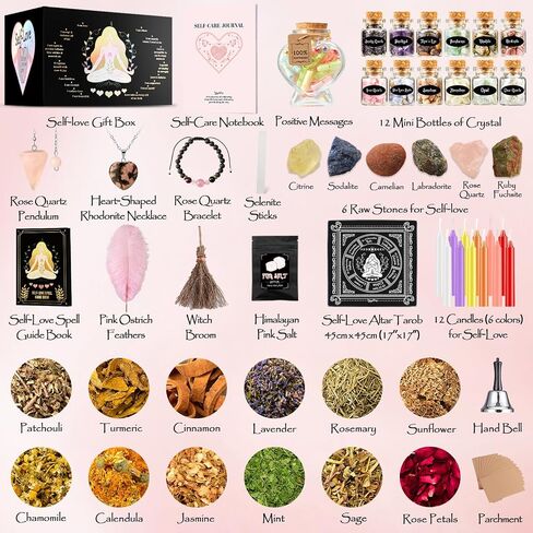 Self-Love Witchcraft Supplies Kit, 75Pack Wiccan Supplies and Tools with 30+ Positive Messages Capsule Bottle, Self-Love Spell Kit with Self-Care Journal Workbook Witchy Gifts for Women in Kuwait
