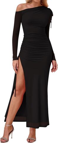 KUTUMAI One Shoulder Long Sleeve Maxi Dress Split Bodycon Ruched Formal Wedding Guest Dresses for Women Fall 2025 in Kuwait