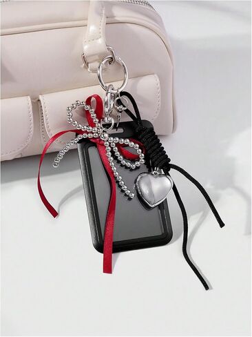 MakeMeChic Women's Clear Photocard Badge Holder Key Chain Ribbon Heart Shape Y2k Pendant Keychain in Kuwait