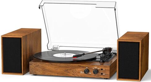 Record Player for Vinyl with External Speakers, Bluetooth 3 Speed Vintage Belt-Driven 33 45 78 RPM Turntable with Stereo Speakers, MP3 PC Recording, RCA Line-Out, AUX-in Headphone Out, Brown in Saudi Arabia