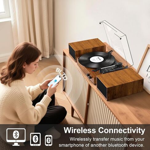 Record Player for Vinyl with External Speakers, Bluetooth 3 Speed Vintage Belt-Driven 33 45 78 RPM Turntable with Stereo Speakers, MP3 PC Recording, RCA Line-Out, AUX-in Headphone Out, Brown in Saudi Arabia