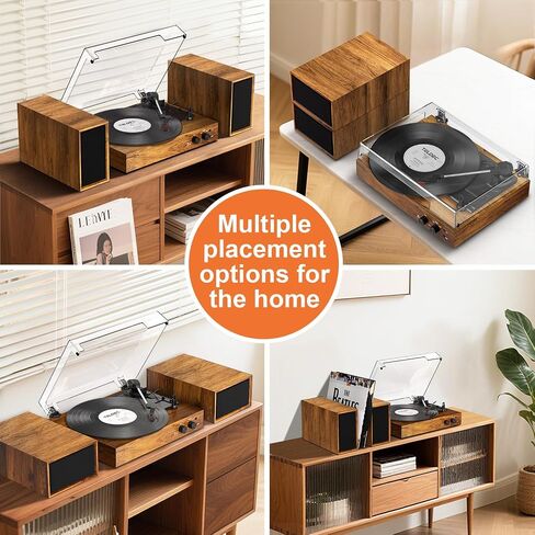 Record Player for Vinyl with External Speakers, Bluetooth 3 Speed Vintage Belt-Driven 33 45 78 RPM Turntable with Stereo Speakers, MP3 PC Recording, RCA Line-Out, AUX-in Headphone Out, Brown in Saudi Arabia