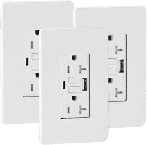 GFCI USB Outlet 20 Amp Duplex Wall Receptacle with Built-in USB Type A & Type C Combo with 24W Charging Port for Smartphone, Self-Test, Tamper Resistant, White Wall Plate Cover Included in Saudi Arabia