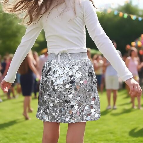 DAXIANG Girls Sparkly Sequin A Line Skirt Kids Elastics Waist Shiny Skirt with Built in Shorts for Party Birthday 5-12 Years in Kuwait