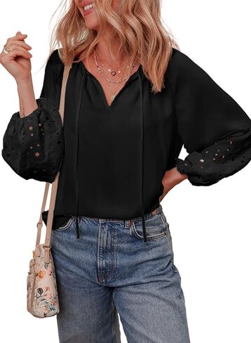 EVALESS Womens Tops Dressy Casual V Neck Long Sleeve Hollow Out Embroidered Blouses Shirts Spring Summer Outfits 2025 in Saudi Arabia