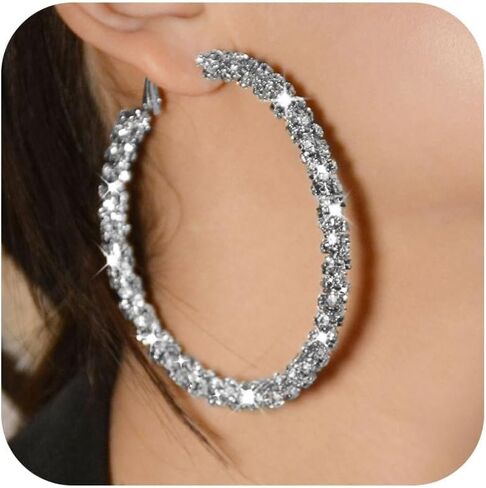 Rhinestone Hoop Earrings Trendy Earrings for Women 2025 Prom Dresses 2025 Big/Large Hoop Earrings Sparkly Glitter Hoops Earring Wedding Prom Formal Jewelry Gifts in Kuwait