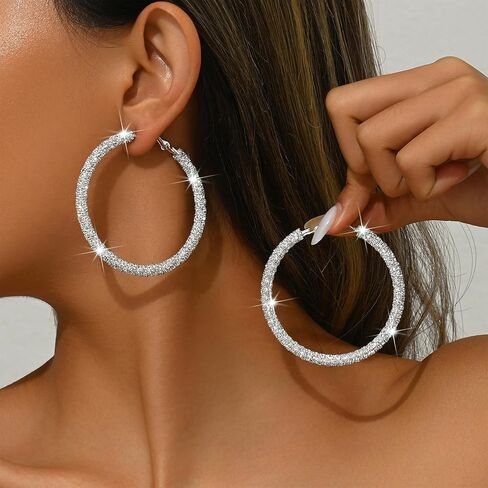 Rhinestone Hoop Earrings Trendy Earrings for Women 2025 Prom Dresses 2025 Big/Large Hoop Earrings Sparkly Glitter Hoops Earring Wedding Prom Formal Jewelry Gifts in Kuwait