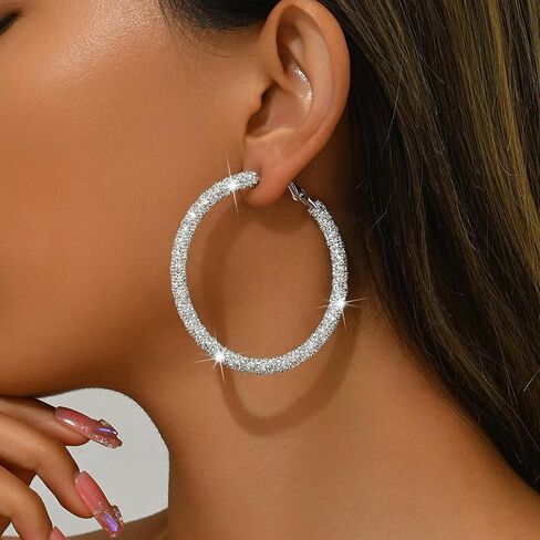 Rhinestone Hoop Earrings Trendy Earrings for Women 2025 Prom Dresses 2025 Big/Large Hoop Earrings Sparkly Glitter Hoops Earring Wedding Prom Formal Jewelry Gifts in Kuwait