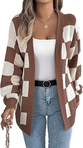 Kinghua Checkered Cardigan for Women Spring Fall Plaid Color Block Long Sleeve V Neck Ribbed Loose Fit Knit Sweater Top Coat in Saudi Arabia