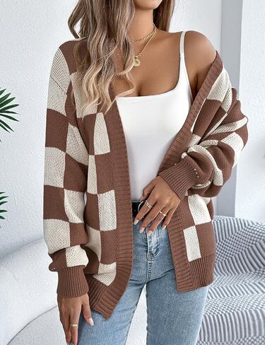 Kinghua Checkered Cardigan for Women Spring Fall Plaid Color Block Long Sleeve V Neck Ribbed Loose Fit Knit Sweater Top Coat in Saudi Arabia