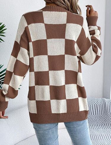 Kinghua Checkered Cardigan for Women Spring Fall Plaid Color Block Long Sleeve V Neck Ribbed Loose Fit Knit Sweater Top Coat in Saudi Arabia